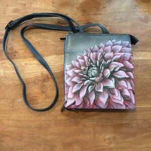 Women's Anuschka Leather "Dreamy Dahlias" Triple Compartment Cross Body Handbag